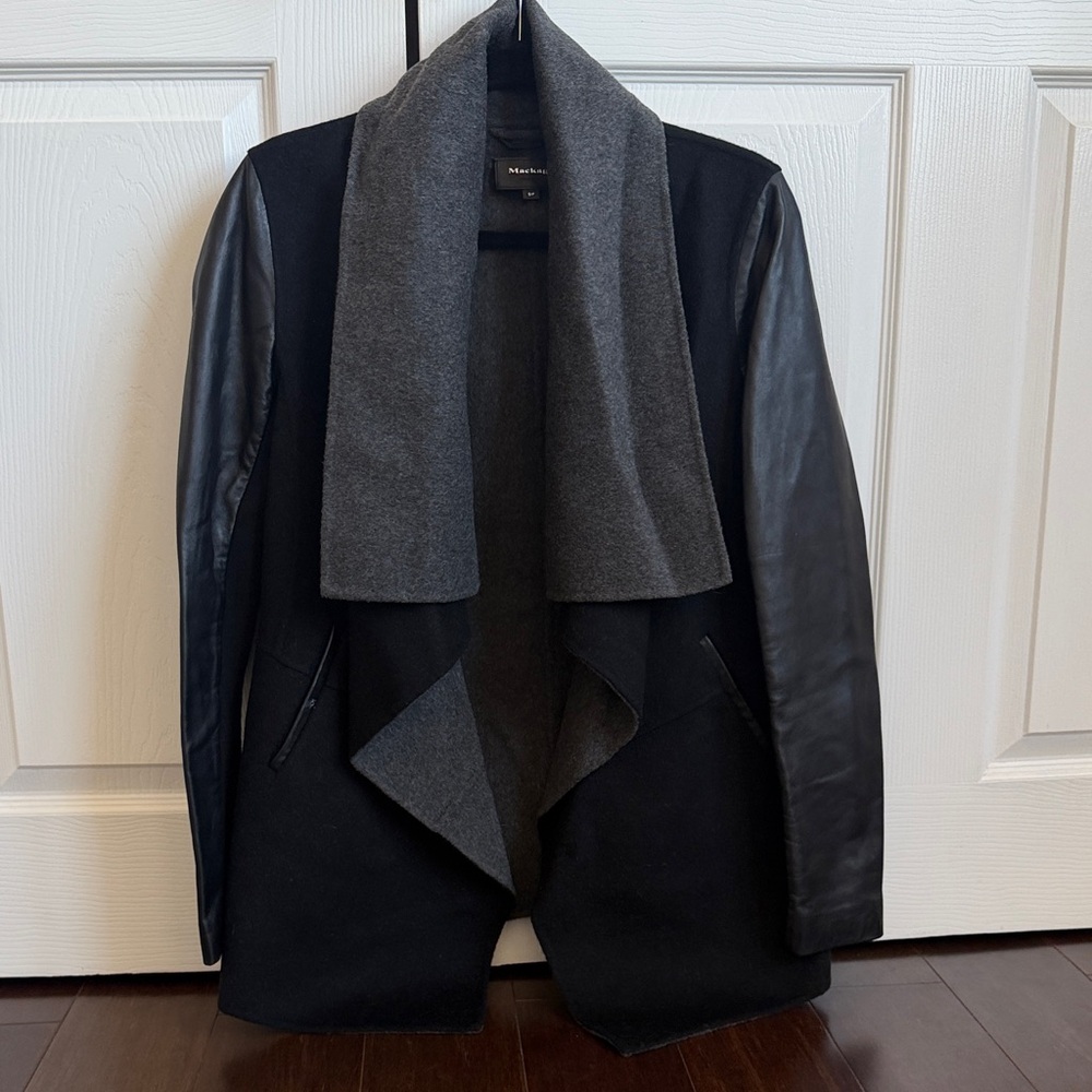 Mackage Black Coat with Gray Draped Collar and Leather Sleeves